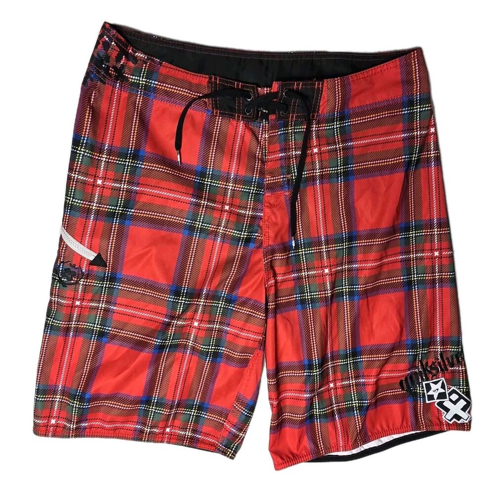Vintage Quiksilver Tartan Red Retro Y2K Boardshorts - Size 34 - Surf Swim